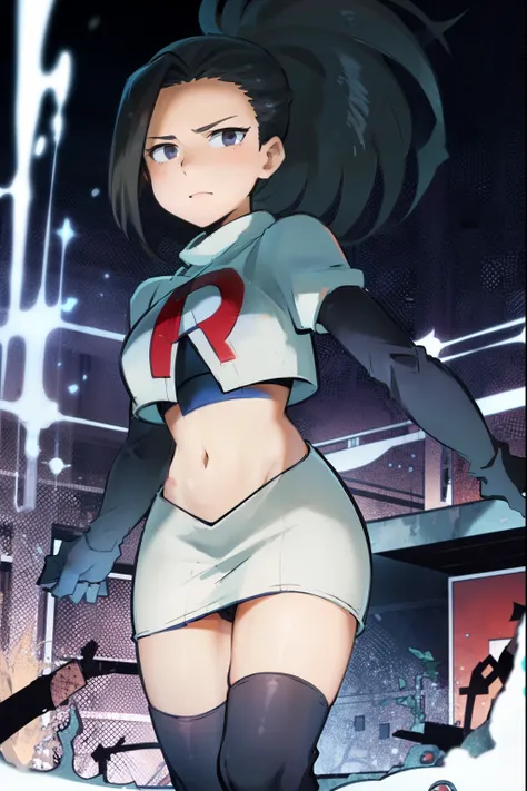 masterpiece, best quality, yaoyorozu momo, 1girl, black eyes, black hair,  ponytail, long hair, hair pulled back,team rocket,team rocket uniform, red letter R, white skirt,white crop top,black thigh-highs,black elbow gloves