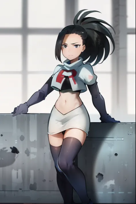 masterpiece, best quality, yaoyorozu momo, 1girl, black eyes, black hair,  ponytail, long hair, hair pulled back,team rocket,team rocket uniform, red letter R, white skirt,white crop top,black thigh-highs,black elbow gloves