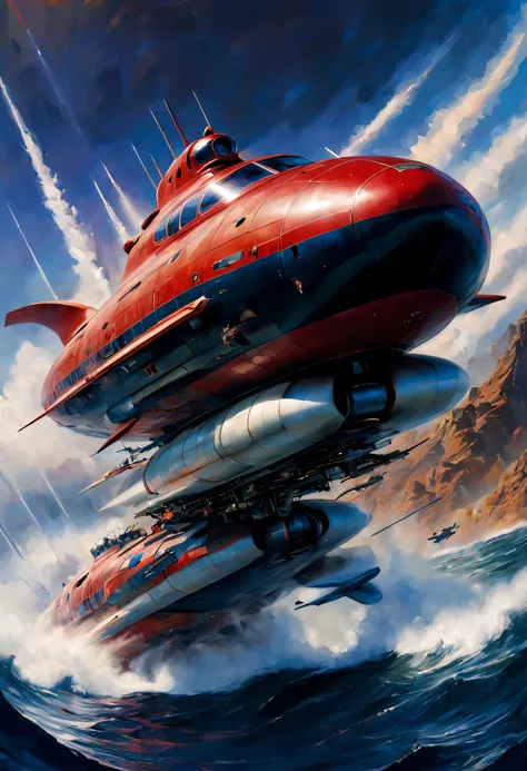 azul marino, rayas rojas y blancas, Vibrante, Gleaming commercial submarine that travels in the depths of the ocean., arte de john berkey, arte de chris foss, arte de Frank frazetta, Estilo Leonardo, extranjero, ovni, Era, mecha, objeto, advanced technolog...