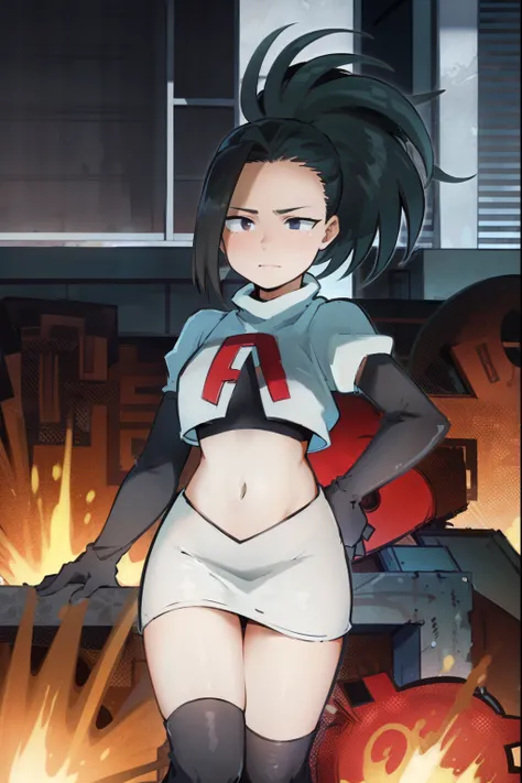 masterpiece, best quality, yaoyorozu momo, 1girl, black eyes, black hair,  ponytail, long hair, hair pulled back,team rocket,team rocket uniform, red letter R, white skirt,white crop top,black thigh-highs,black elbow gloves