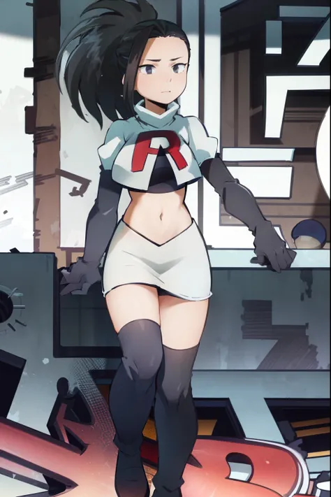 masterpiece, best quality, yaoyorozu momo, 1girl, black eyes, black hair,  ponytail, long hair, hair pulled back,team rocket,team rocket uniform, red letter R, white skirt,white crop top,black thigh-highs,black elbow gloves