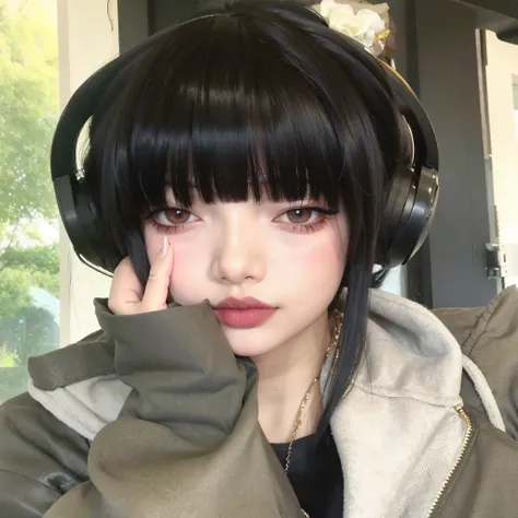 un primer plano de una persona con auriculares puestos y una chaqueta, cruel korean goth girl, Ella tiene el pelo negro con flequillo, Cabello negro Hime cortado, 1 7 - year - old anime goth girl, Chica de anime en la vida real, El Corte Hime, ulzzang, got...