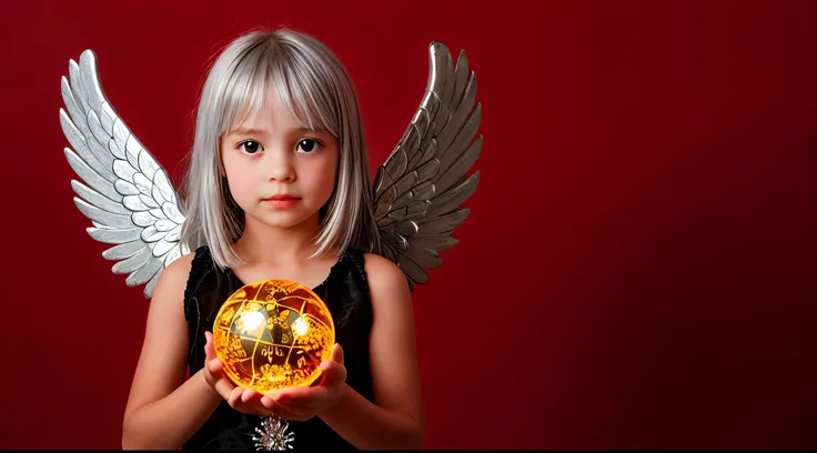 SILVER HAIR KIDS GOLDEN ANGEL GIRL with a flaming crystal ball in her hand. Red background