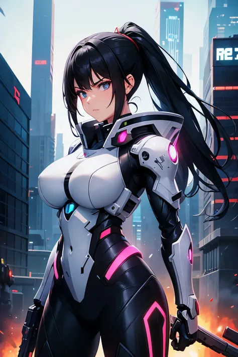 arafed woman in a futuristic suit holding a gun in a city, high quality digital concept art, girl in mecha cyber armor, style of raymond swanland, epic sci - fi character art, epic sci-fi character art, cyberpunk anime girl mech, female mecha, artgerm juli...