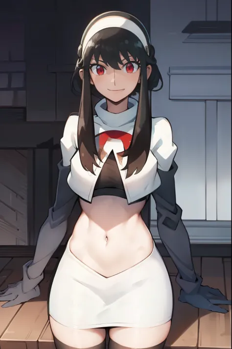 yor, 1girl, black hair, red eyes, black hair, short hair, short hair with long locks, bangs, sidelocks, white hairband,team rocket,team rocket uniform, red letter R, white skirt,white crop top,black thigh-highs,black elbow gloves, smile