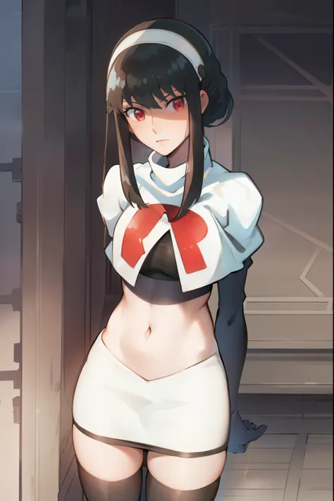 yor, 1girl, black hair, red eyes, black hair, short hair, short hair with long locks, bangs, sidelocks, white hairband,team rocket,team rocket uniform, red letter R, white skirt,white crop top,black thigh-highs,black elbow gloves, shy