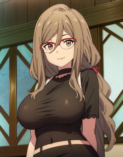 Nakahara Rishi,absurderes,Perfect Anatomy,Nakahara Mitsuki,Long hair,Red-framed eyewear,Black shirt,Tight skirt,Smile,office room,(Large breasts:1.5),Looking at Viewer,(((masutepiece))),((Best Quality)),Perfect Anatomy,8K UHD,extra detailed face,gloss and ...