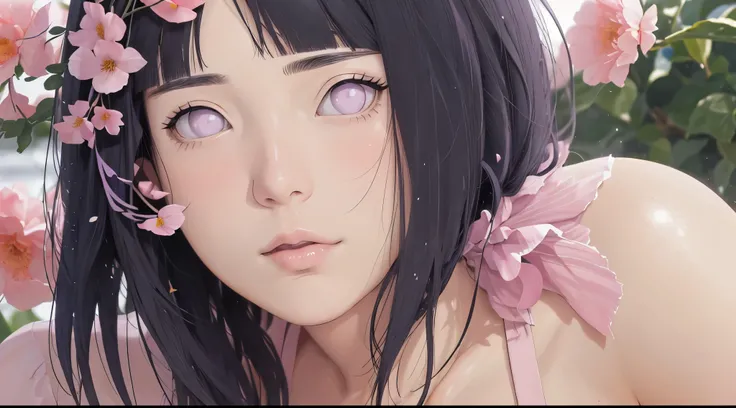 masterpiece, absurdres, hinata(boruto), 1girl, solo,mature female, apron nude, looking at viewelling petals), perfect composition, detailed lips, big breast, beautiful face, body propotion, blush, (pink lips), long hair,  purple eyes,  soft gaze,  super re...