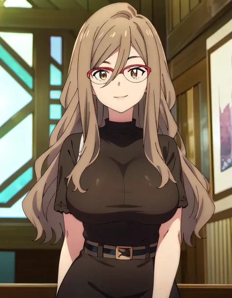 nakahara rishi,absurderes,perfect anatomy,nakahara mitsuki,long hair,red-framed eyewear,black shirt,tight skirt,smile,office roo...