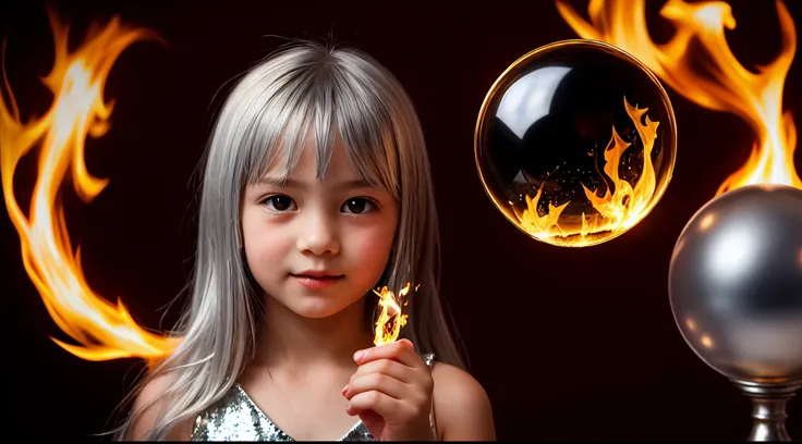 SILVER HAIR KIDS GOLDEN ANGEL GIRL with a flaming crystal ball in her hand. Red background