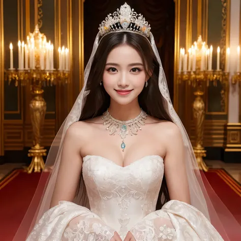 (masutepiece、top-quality、8K、Highly Detailed and Complex Detail、The most complex and detailed textures、Super High Detail)、(A very young 12 year old princess bride:1.2)、(The most luxurious wedding dress:1.1)、wedding lace、The finest giant tiara、Top quality gi...