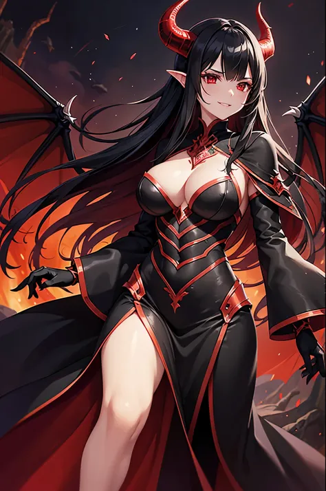 beautiful woman with draconic features, dragon scales as clothes, floating in the air, dragon wings spread out, evil smile, predominantly black and a bit of red theme, red arcane magic gathering around her hands, long black hair with red stripes in it, dar...