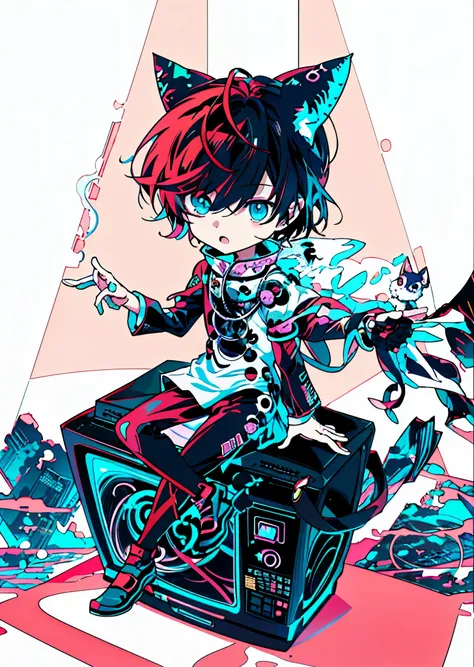 Anime character sitting with a cat on the TV, zerochan art, in style of cytus and deemo, Key Anime Art, high quality fan art, anime style 4 k, Pixiv Contest Winner, digital art on pixiv, detailed fan art, Anime Boy, Advanced Digital Chibi Art, dapper dream...