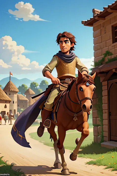 create a scene of an arabian knight, riding a brown horse, reaching village walls, the village is so crowded with people, pixar studio