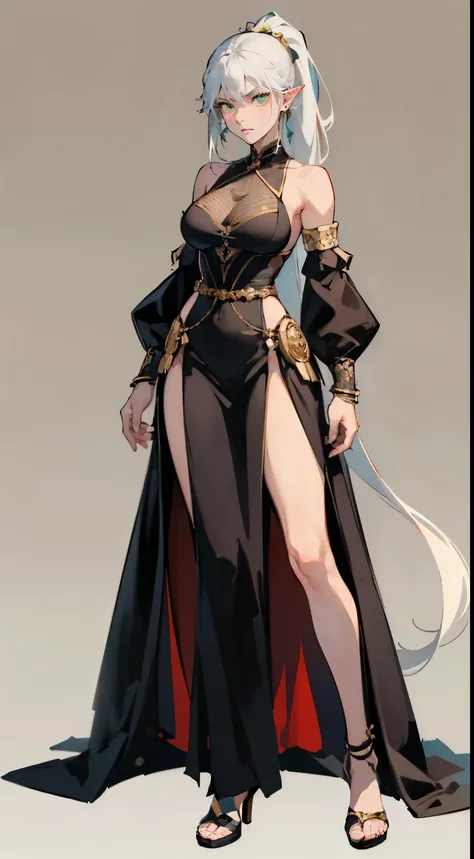 ((masterpiece,best quality,8k,highres)),((character concept art)), 1 female, young female, Empress, 185cm height, menacing, serious face, emotionless face, shapely breasts, hourglass body shape ((muscular)), ultra finely detailed eyes (green eyes colour), ...