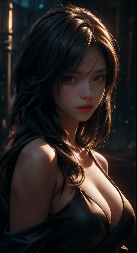 Best quality, masterpiece, ultra high resolution, (photorealistic: 1.4), raw photo, 1girl, big boobs, clothes with neckline, off shoulder, cinematic lighting, dark atmosphere, highly detailed skin texture, extreme details, dark fantasy, darktoon