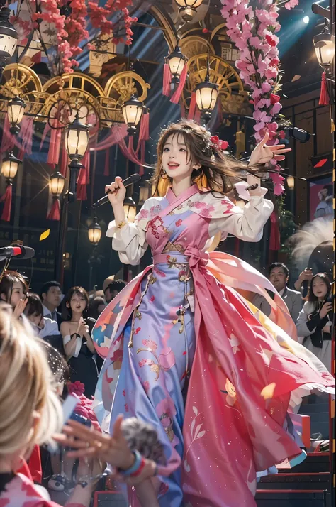 On the stage of the annual "Kohaku Uta Gassen," a 28-year-old brunette with tousled hair stands poised, clutching a microphone. The atmosphere is electric, set in an opulent venue adorned with dazzling lights and vibrant decorations. As she begins to sing,...