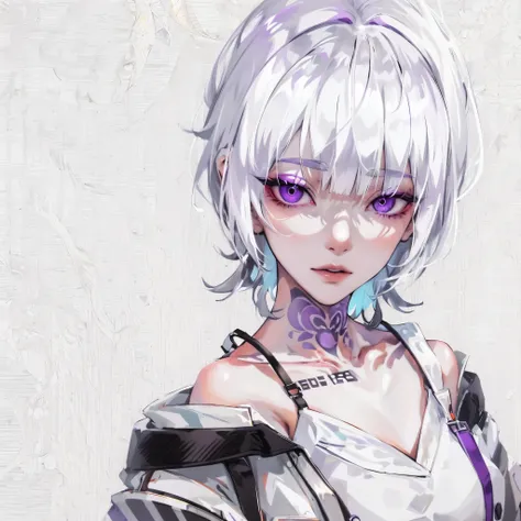 masutepiece, Best Quality, High quality, ultra-detailliert, 1girl in, neck and chest tattoo, very detailed character, White hair, Blunt bangs, Wolfcut, Wolfcut, Bare shoulders, Black inner, White and purple jacket, White background, Looking down, purple gr...