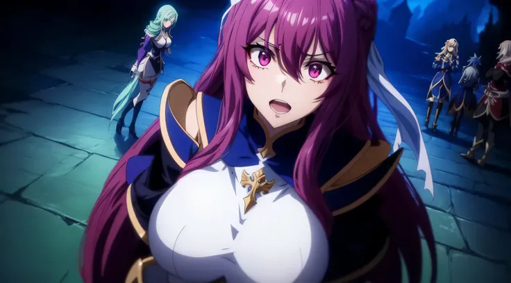 uma mulher com cabelo comprido e peruca roxa segurando uma bola branca, popular Isekai anime, Captura de tela do filme de anime, Ainda de anime de TV, captura de tela de um anime de 2012, ainda de anime, A Deusa Hera parecendo irritada, Isekai, estilo anim...