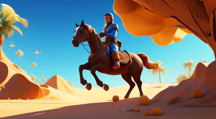 create an arabian knight, riding a brown horse, in a desert background, sunny day, pixar studio