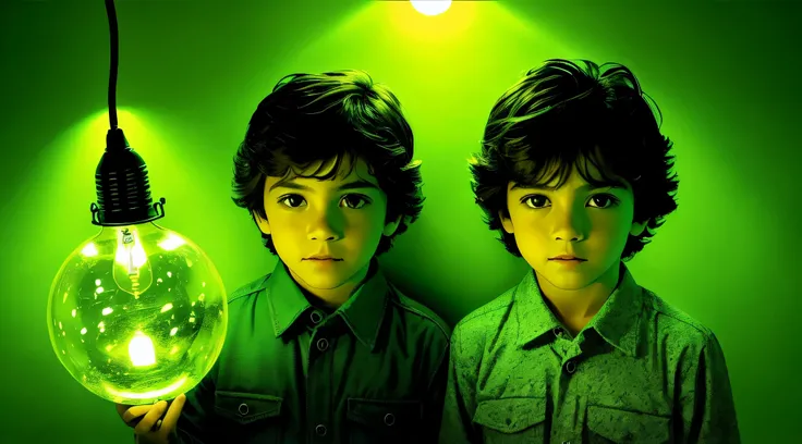 There are two boys who are holding a lamp, movie imagem promocional, imagem promocional, Programa de TV, arte chave, Imagem promocional, arte promocional, horror", horror ", next gen, Directed by: Fernando Gerassi, olhos verdes sobrenaturais, foto do carta...