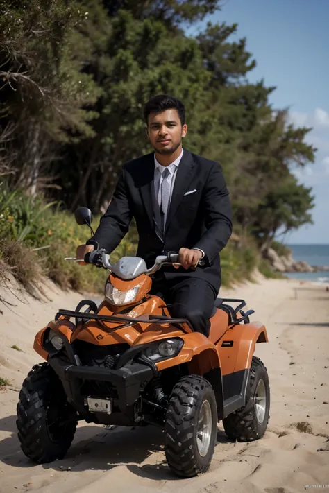 a brown young man ride  a big black quad biking in the beach and dressed a black  suit clothes