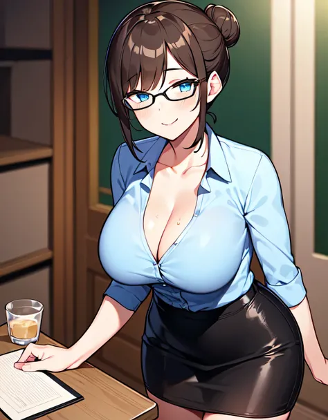 ((1girl in)),((Solo)), (Large breasts:1.5), Blue shirt,cleavage,Glasses, Collared shirt,Tight skirt,Hair bun, Looking at Viewer,(single Hair bun:1.2),(Sensitive smile:1.2), 鎖骨, blush, Office Lady, office room,desk work,((Best Quality)),((masutepiece)),(Bea...