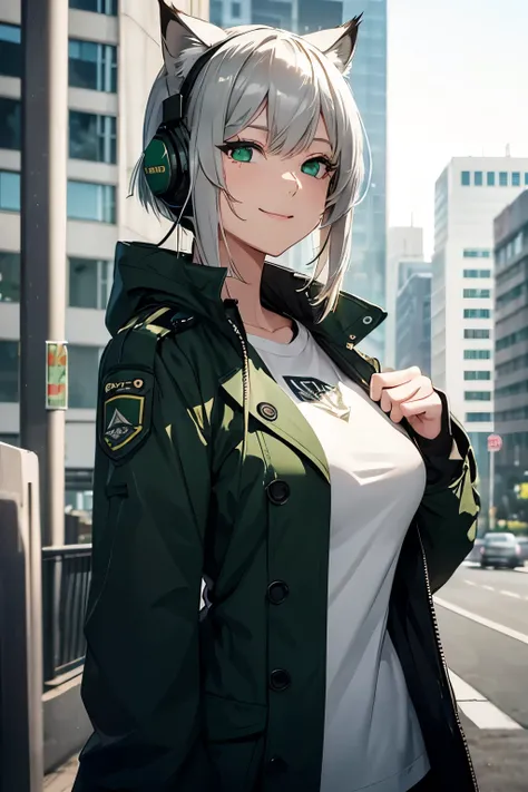 female solo、Messy short silver hair、a smile、Sharp eyes、Emerald green eyes、full breasted white t-shirt、Moss green coat、black cat ear headset、GM6 lynx、Cool pose、Los Angeles city night background、girls frontline、Dolls Frontline、high-level image quality、hightq...