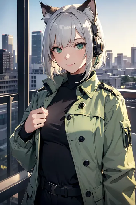 female solo、Messy short silver hair、a smile、Sharp eyes、Emerald green eyes、full breasted white t-shirt、Moss green coat、black cat ear headset、GM6 lynx、Cool pose、Los Angeles city night background、girls frontline、Dolls Frontline、high-level image quality、hightq...