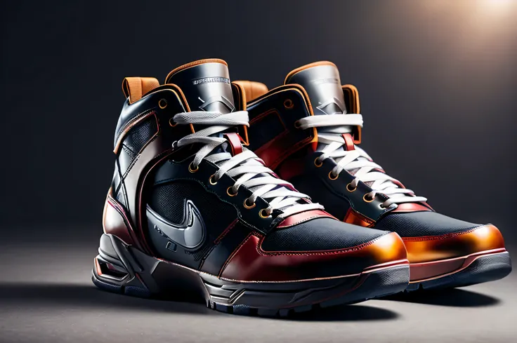 product photography of a cybepunk Ironman sneakers, epic render, octane, atmosphere, particles, soft volumetric lightacklit:1.3), (cinematic:1.3), intricate details, (ArtStation:1.3)