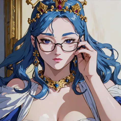 (base_size: 1024, attention: 1, faces: 1, face color: pale)
A shy woman with (beautiful, detailed:1.1, blue) hair and glasses, wearing a (royal:1.1) crown. She has (pale:0.9) skin, (charming:1.1) eyes, and (delicate, spectacled:1.1) lips. Her hair has a so...