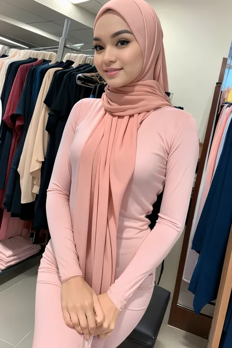 RAW, Best quality, high resolution, masterpiece: 1.8), beautiful Malay woman in hijab, Masterpiece, big gorgeous eyes, Soft smile, wear tight light pastel long sleeve shirt and  light pastel tight legging,wet cameltoes,in changing room, Excellent lighting,...