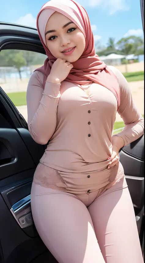 mira filzah sexy seducing pose, sunrise beach, mira filzah:1.9), wearing hijab, pastel color hijab, unbutton jacket see a lace bra and pastel long gym outfit, small tits, small breast, flat chest, wide waist, thick thighs, bright lighting, plum camel toe, ...