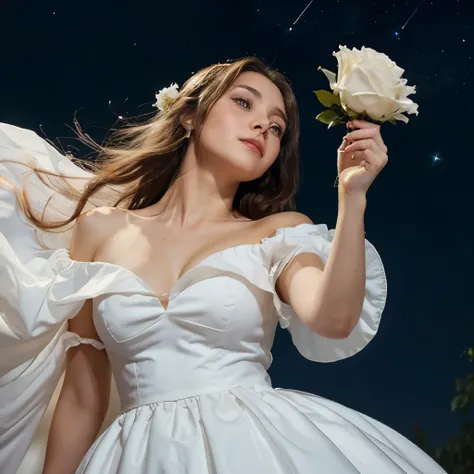 Girl wearing a big white gown holding a rose and looking up to the sky at night