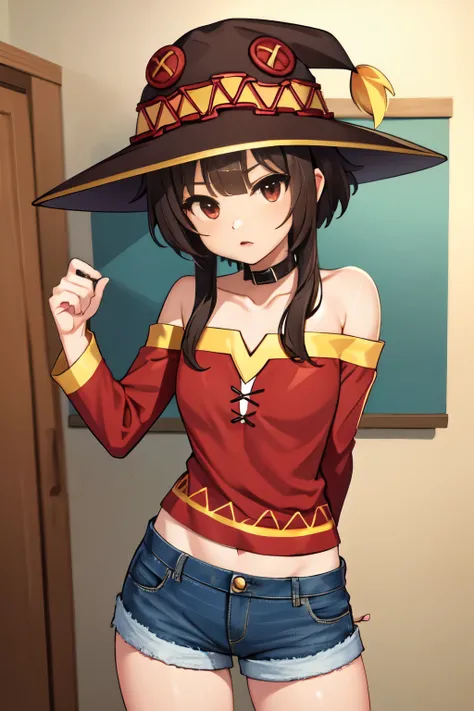 1girl (Megumin), cabelo castanho, cabelo curto, red eyes, topo de corte, denim shorts, quarto, coxas listradas,