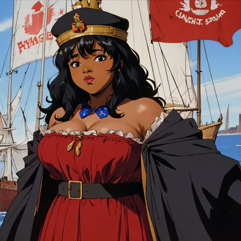 A fat black woman dressed as a ship captain, with a crown