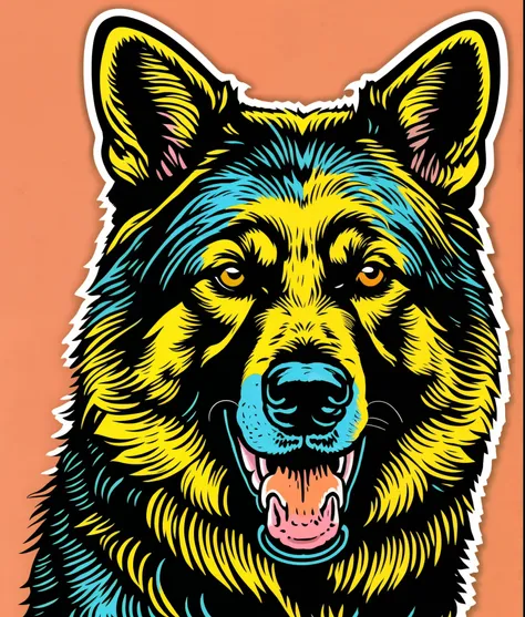 German Shepherd breed dog, colorful, vintage style, (T-shirt design), realistic volumetric light of masterpiece