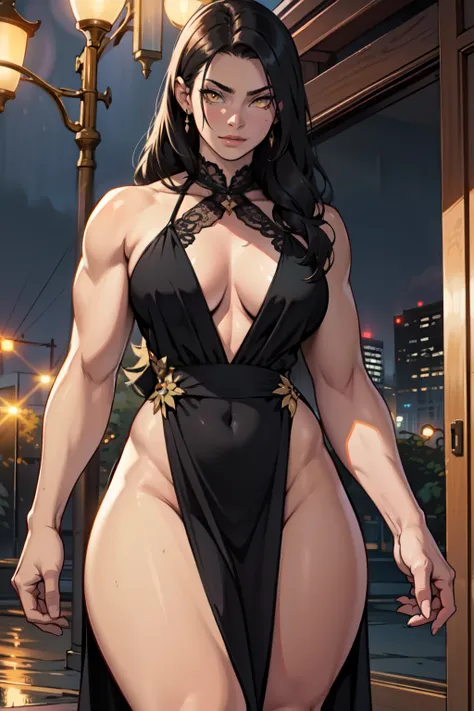 girl muscular toned body perfect anatomy large breasts thick thighs athletic black hair yellow eyes pale skin girl muscular toned body perfect anatomy large breasts thick thighs athletic evening gown evening gown intricate highly detailed thick