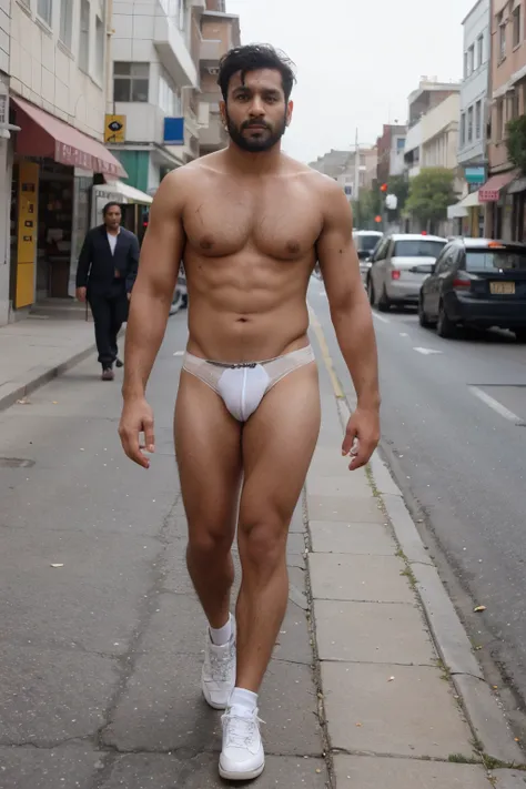 Naked hairy desi man wearing a white piss stained  jockstrap and air force one shoes walking in the street