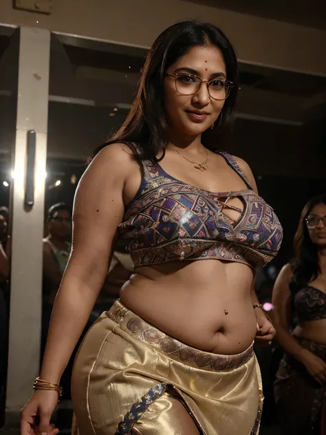 Indian whore aunty wearing embroidered crop-top and skirt with bangles, (Middle-aged women), 40 years old, (chubby cheeks:1.2), (curvy body:1.3), (eyeglasses), (bindi), (Wrinkles at the corners of the eyes:1.2), An Indian beauty, charismatic, brown Indian-...