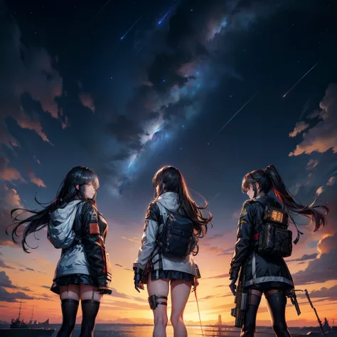 three girls and a boy are standing in front of a night sky, girls frontline universe, guweiz on pixiv artstation, girls frontline cg, 4 k manga wallpaper, artwork in the style of guweiz, best anime 4k konachan wallpaper, kantai collection style, guweiz on ...