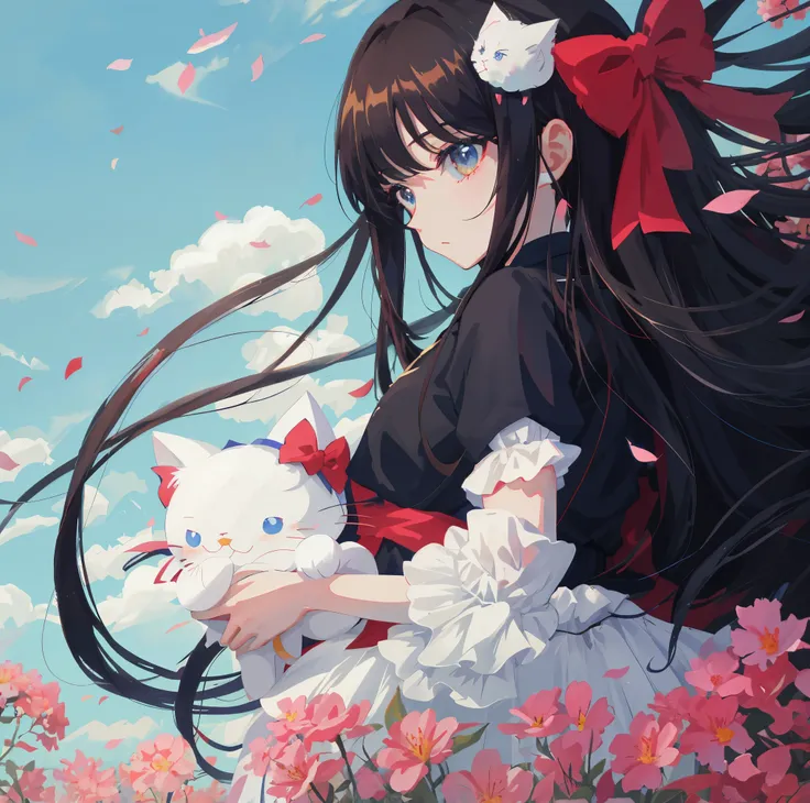 Chica anime con pelo largo y negro sosteniendo un gato blanco en un campo de flores, estilo de anime4 K, Muy hermosa chica gato anime, Hermosa catgirl de anime, Anime Art Wallpaper 4K, Anime Art Wallpaper 4K, Anime Art Wallpaper 8K, Anime Wallpaper 4k, Fon...