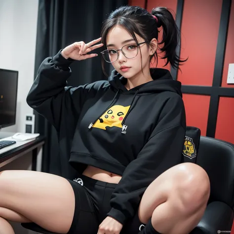 Uma linda chines extremamente fofa, her hair is white tied in a ponytail, rosto ultra detalhado, bochecha rosada, rosy lips ( her eyes are blue) She is wearing a black cold hooded sweatshirt (the sweatshirt has a Pikachu print) She is wearing tight black s...