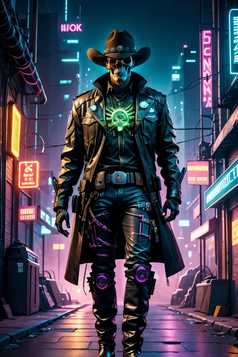 cyberpunk,skull robot cowboy sheriff,mysterious dark background,neon lighting,cybernetic enhancements,futuristic weapons,wearing...