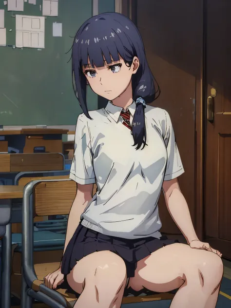 ((( masterpiece )))  Background : ( school theme, classroom, crowded, best quality, highly detailed ). Character ; ( 1girl, sitting on a chair, Misuzu Gundou, serious fave, school uniform and dark blue skirt, fit body, small breast, tied low ponytail hair)