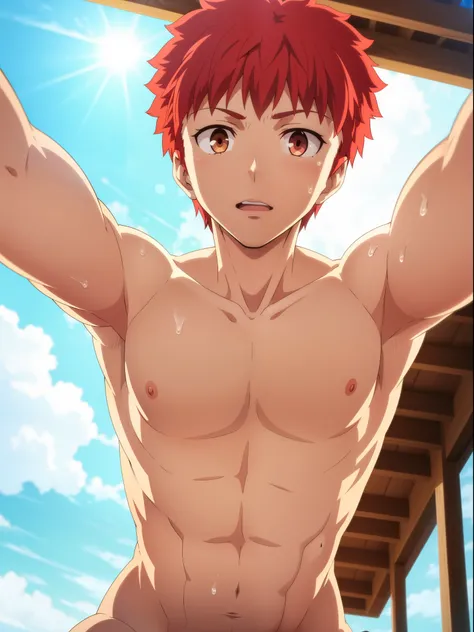 Shirou, 1boy, male focus, solo, red hair, brown eyes, beautiful detailed face, beautiful detailed eyes, abs, collarbone, shirtless, topless, anime screenshot, anime style, teenager, beach, outside, swimwear, large bulge, (Solo), ocean, sunlight hitting ski...