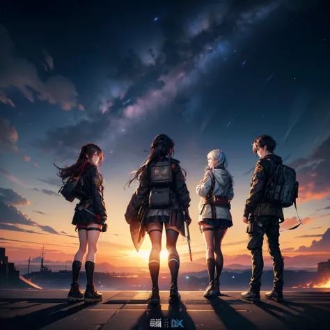 three girls and a boy are standing in front of a night sky, girls frontline universe, guweiz on pixiv artstation, girls frontline cg, 4 k manga wallpaper, artwork in the style of guweiz, best anime 4k konachan wallpaper, kantai collection style, guweiz on ...