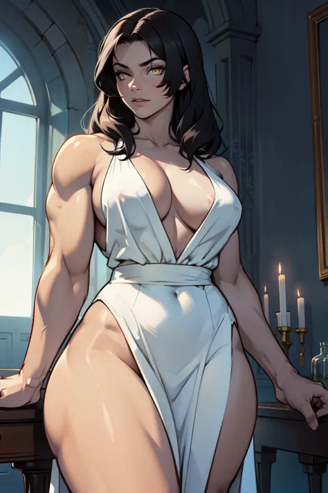 girl muscular toned body perfect anatomy large breasts thick thighs athletic black hair yellow eyes pale skin girl muscular toned body perfect anatomy large breasts thick thighs athletic evening gown evening gown intricate highly detailed