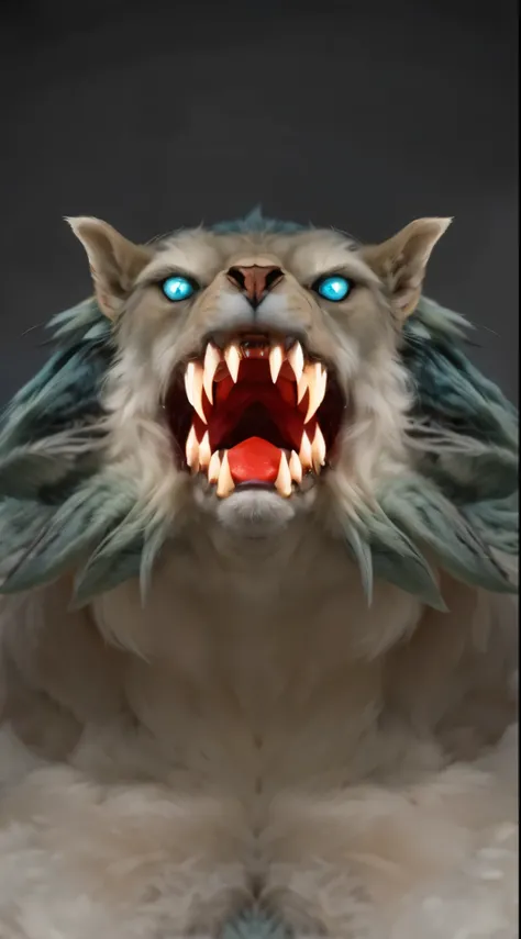 (masterpiece),(best quality:1.0),(ultra high resolution:1.0),monster, werewolf, blue hair, blue eyes, mane, menacing look,claws, fangs, lions mane,hair around the neck, wolfteam, face focus, 8k wallpaper, full body