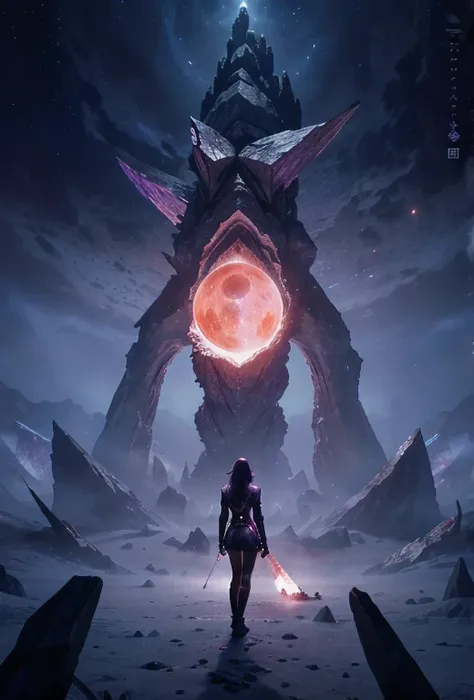 a woman standing in front of a giant alien creature, symmetrical epic fantasy art, blood moon crystals!!, demon soul concept art, epic artwork, crystal climb from the portal, symmetric concept art, artwork, crystals in universe, fine details. crystals, noc...